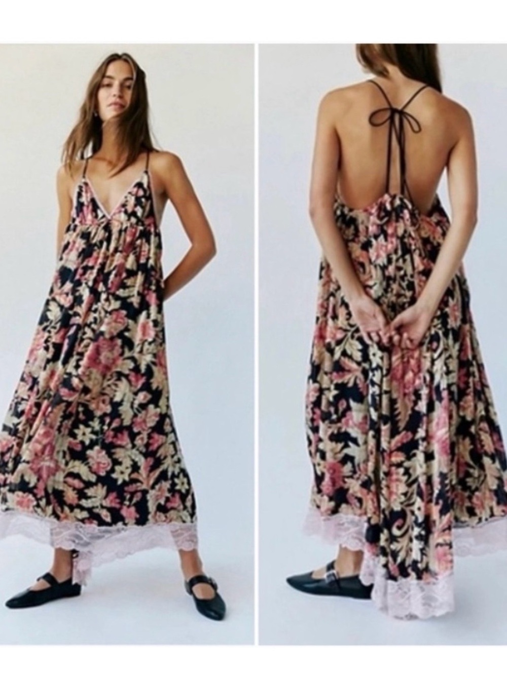 NWT Free People Primmy Printed Midi-Dress Black Floral Lace-Trim with Pink - Picture 4 of 13